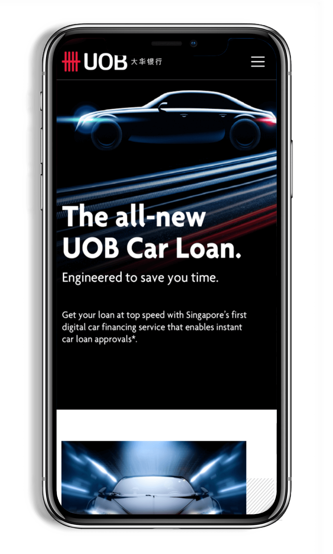 UOB Car Loan Microsite On Smartphone showing the all-new UOB car loan