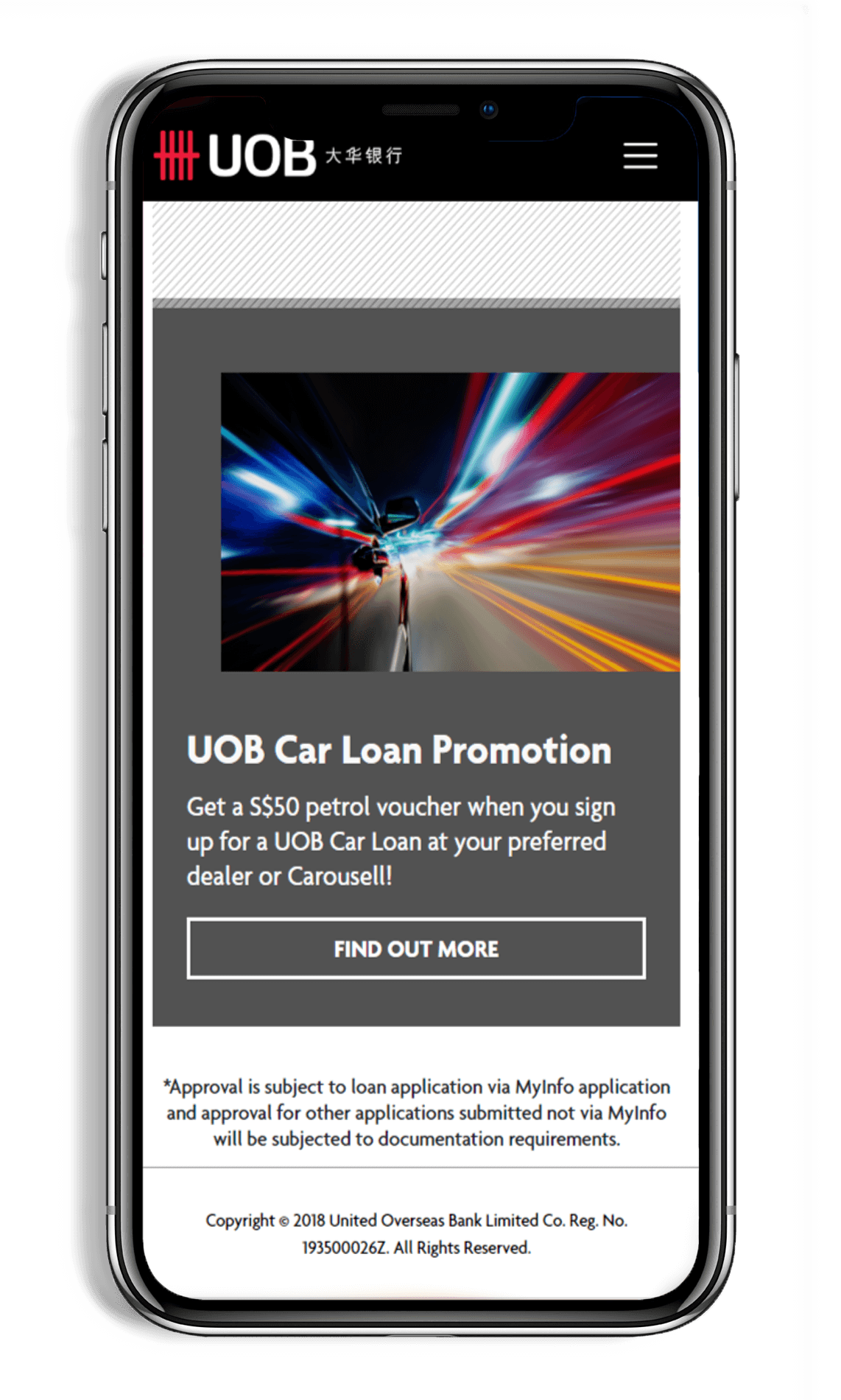 UOB Car Loan Microsite On Smartphone Showing UOB Car Loan Promotion