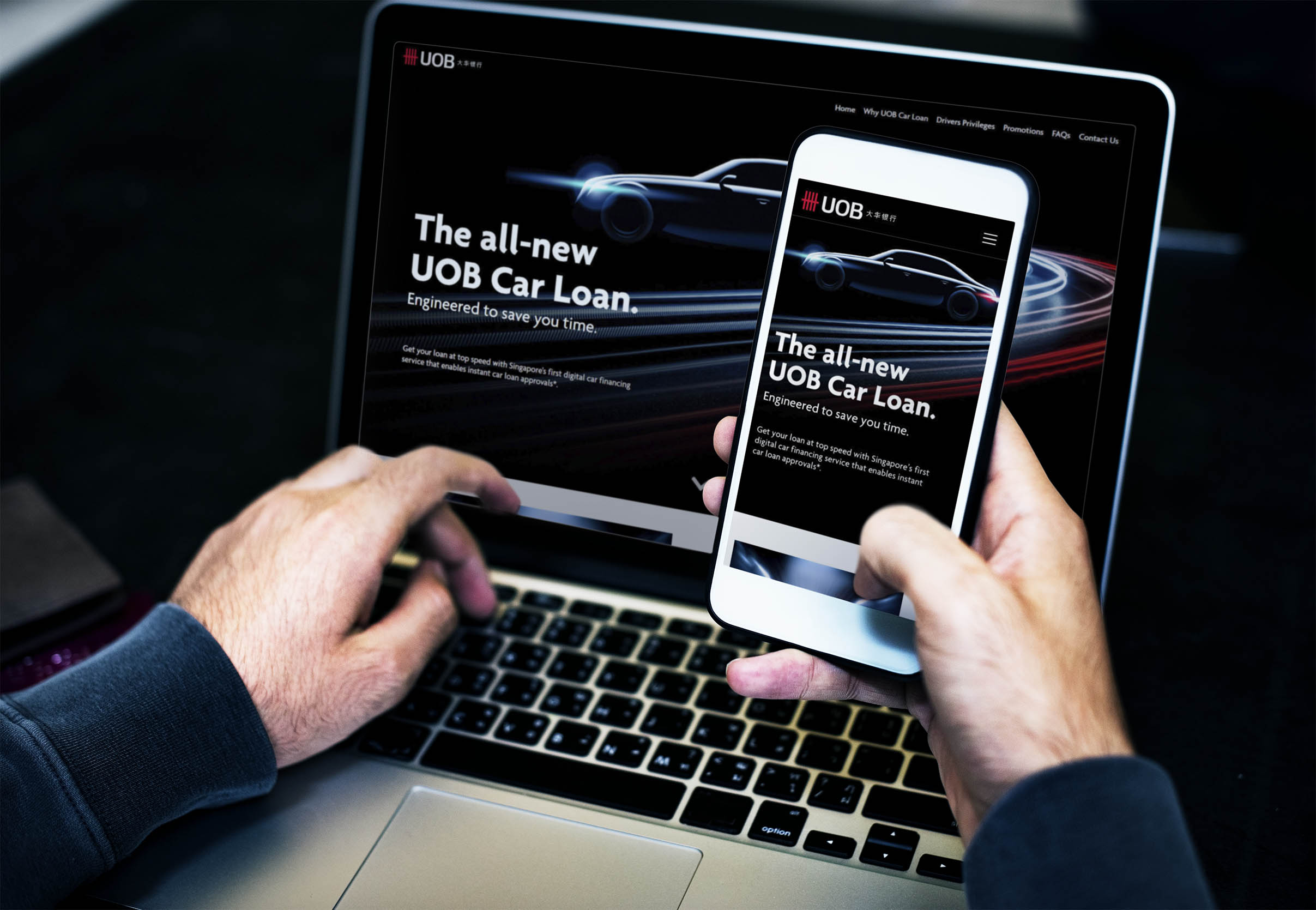 Man browsing UOB Car loan microsite on both laptop and smartphone
