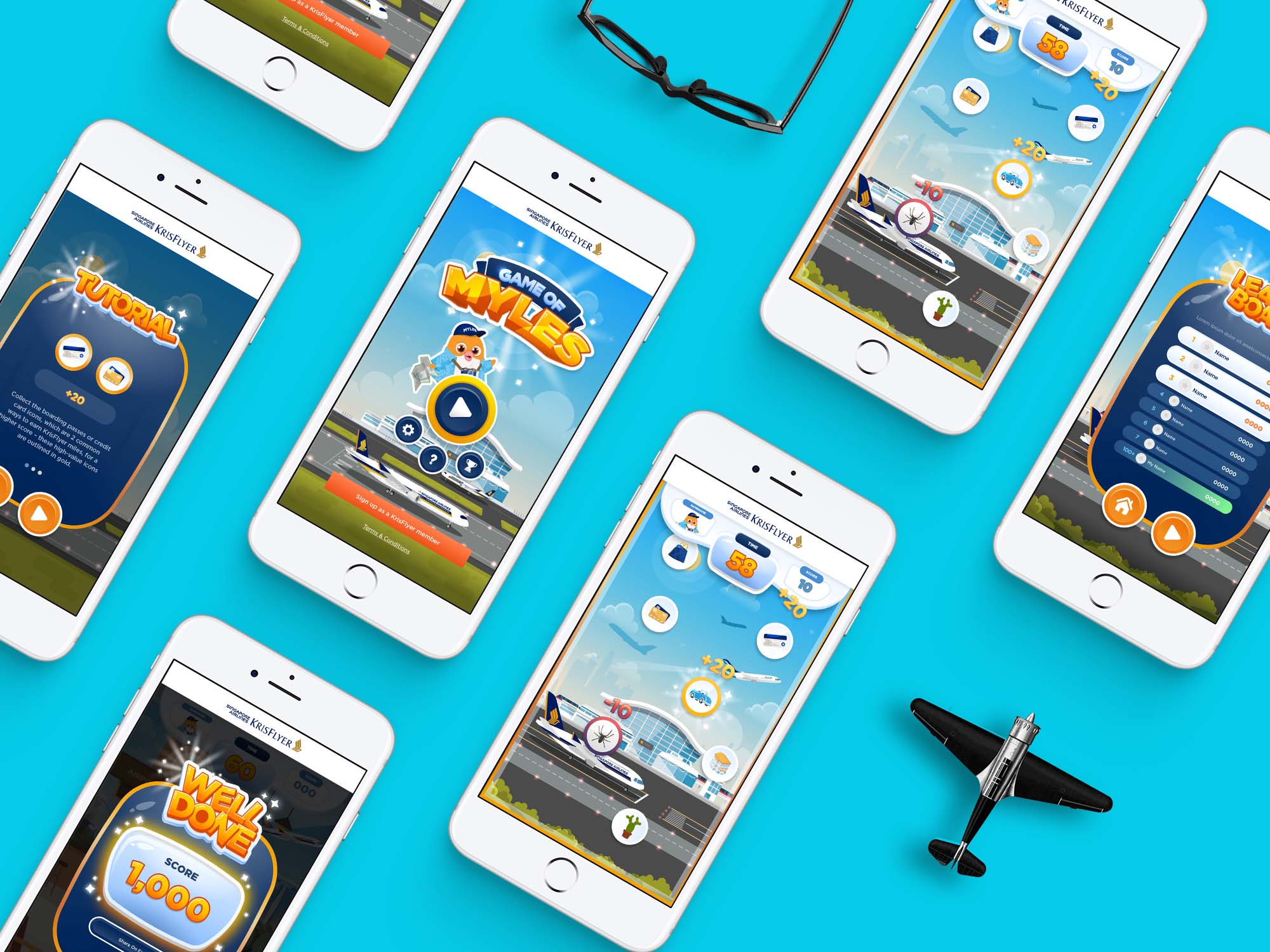 Phone mockups of krisflyer game of myles microsite game