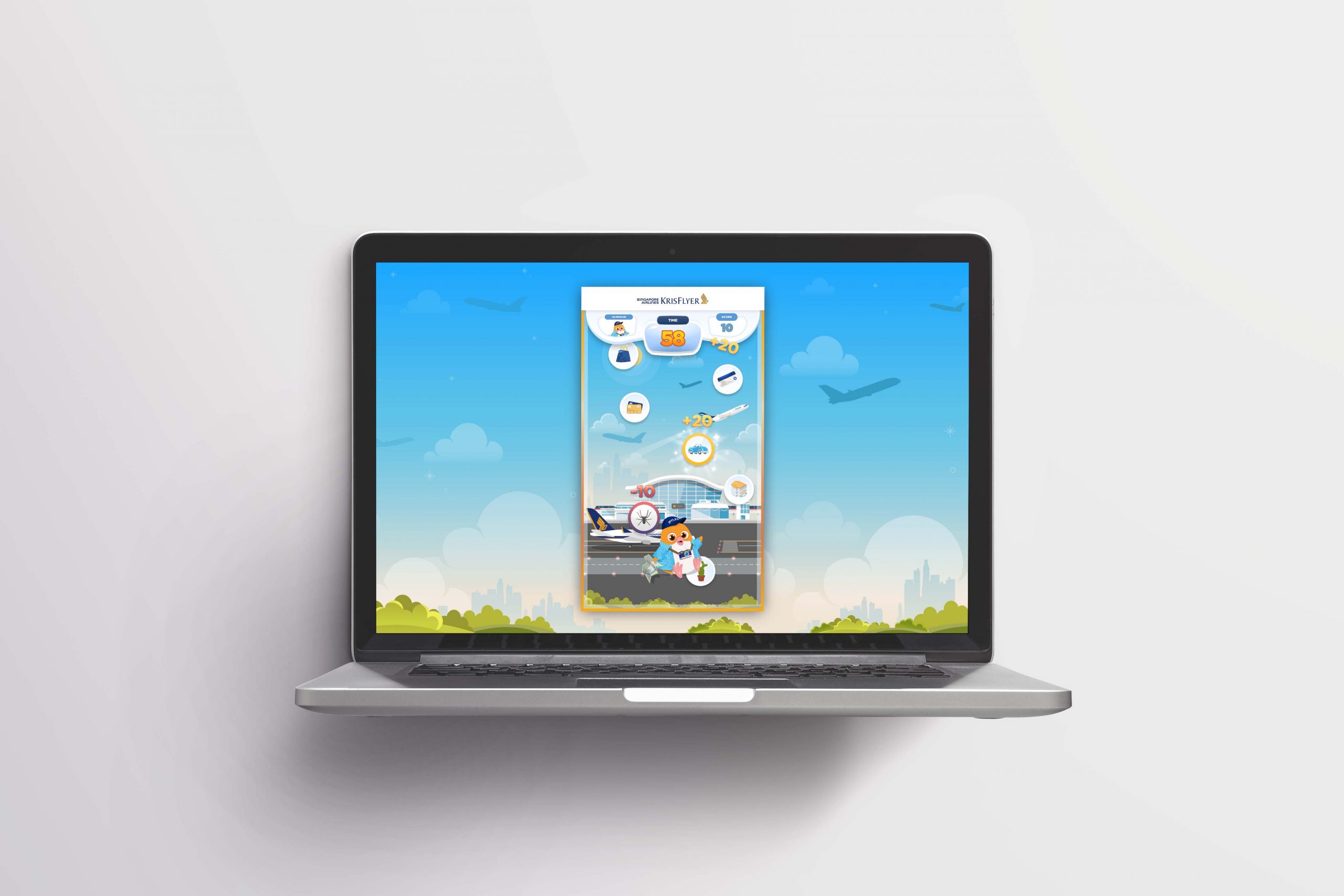 Laptop mockup for krisflyer game of myles microsite game