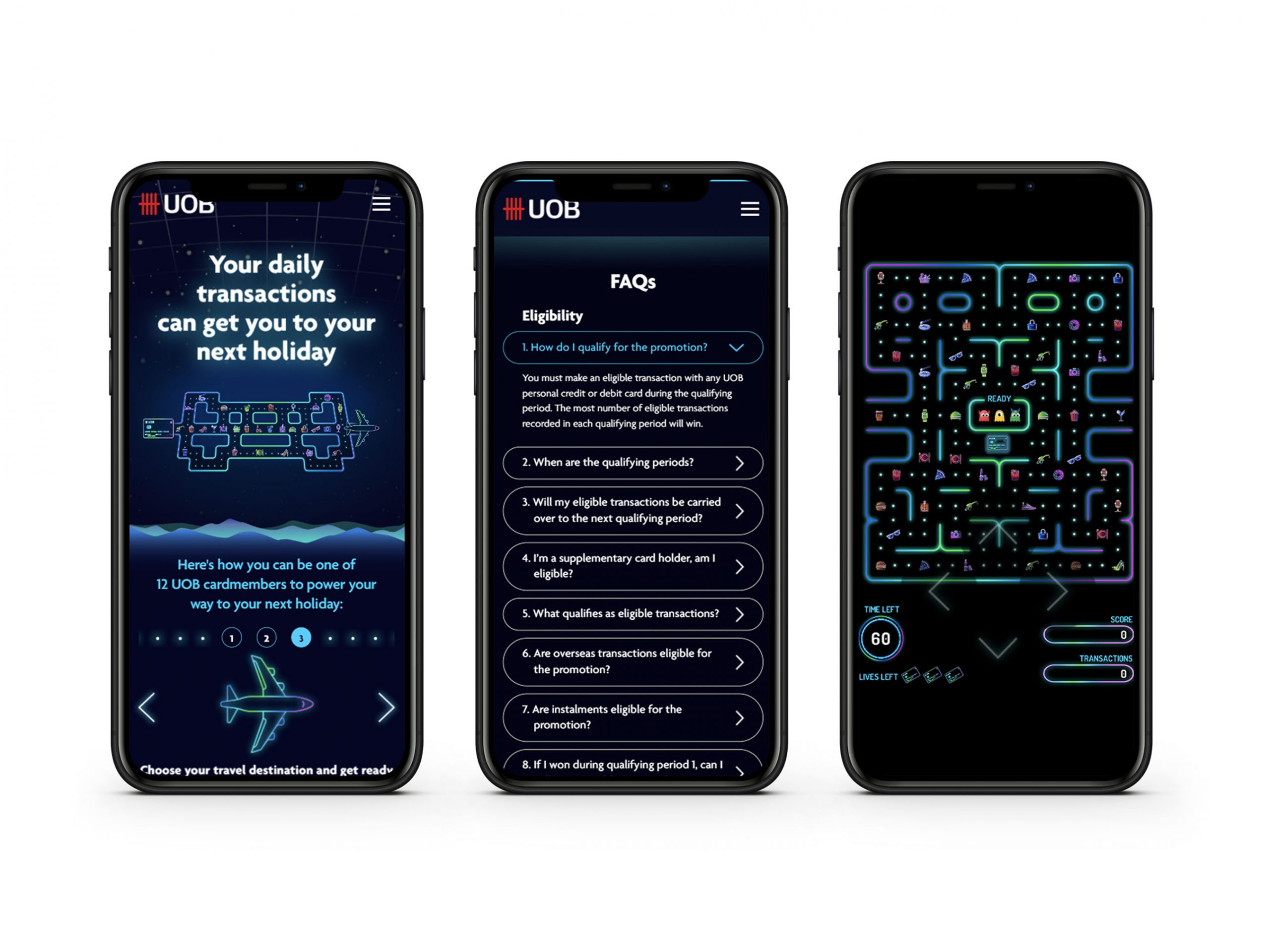 UOB Interactive Pac-Man Microsite Game On Smartphone Showing How To Win, Frequently Asked Questions (FAQ) And Gameplay