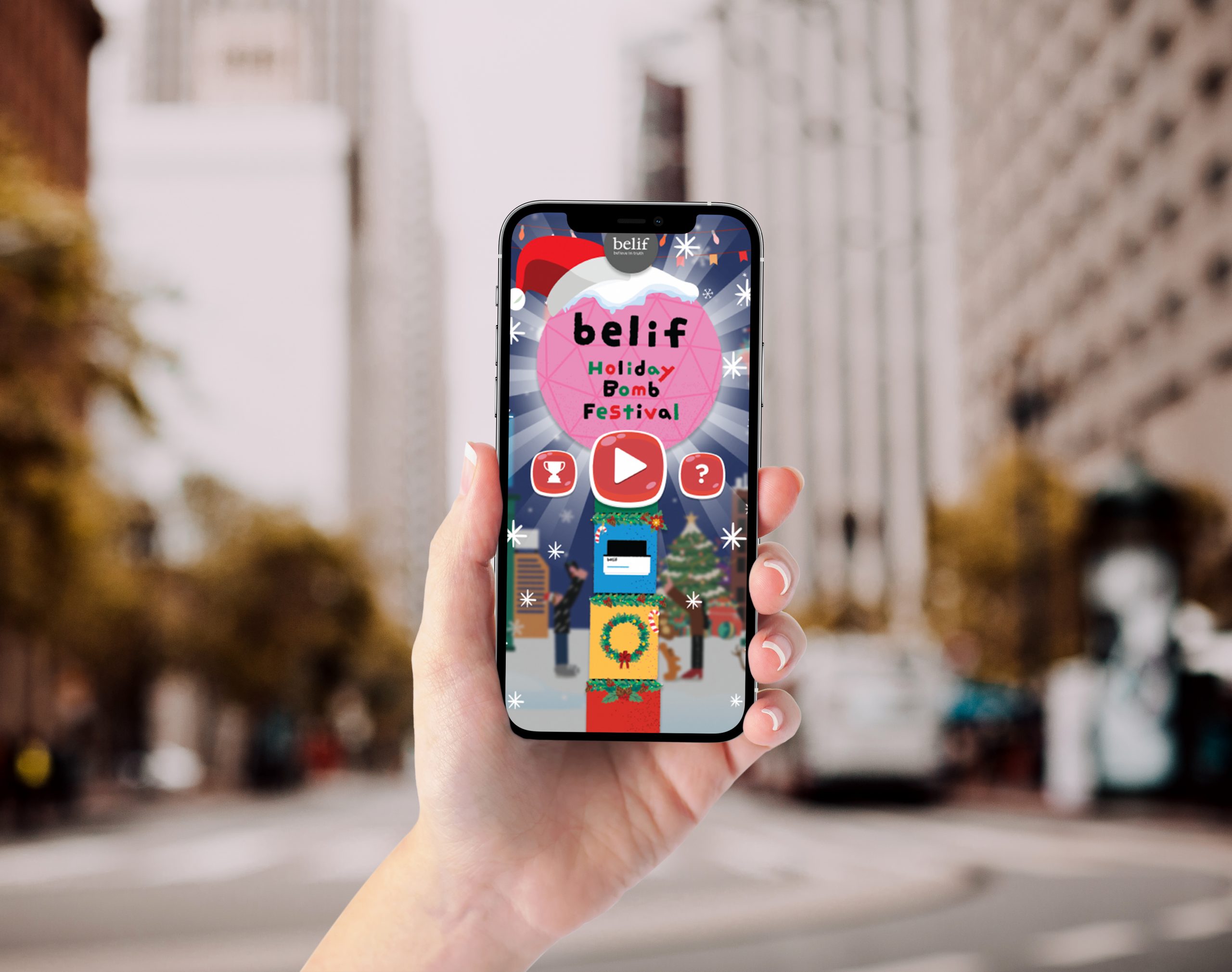 The Belif Holiday Bomb Festival Microsite Game on a smartphone